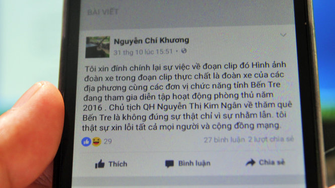 Lời đính chính và xin lỗi trên trang facebook mang tên Nguyễn Chí Khương khẳng định lại đoàn xe xuất hiện trên mạng trước đó không phải là đoàn xe của chủ tịch Quốc hội Nguyễn Thị Kim Ngân - Ảnh: MẬU TRƯỜNG