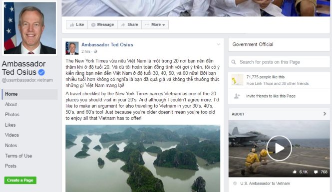 Chia sẻ của đại sứ Mỹ tại Việt Nam Ted Osius về sức hấp dẫn của du lịch tại Việt Nam - Ảnh chụp lại từ màn hình