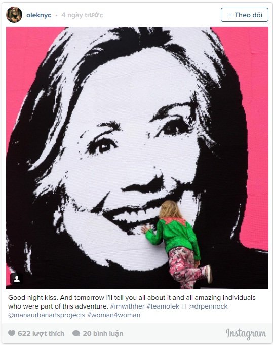 Nghệ sĩ Olek chia sẻ về tác phẩm ủng hộ bà Clinton trên tài khoản Instagram của mình - Ảnh: Instagram/Oleknyc