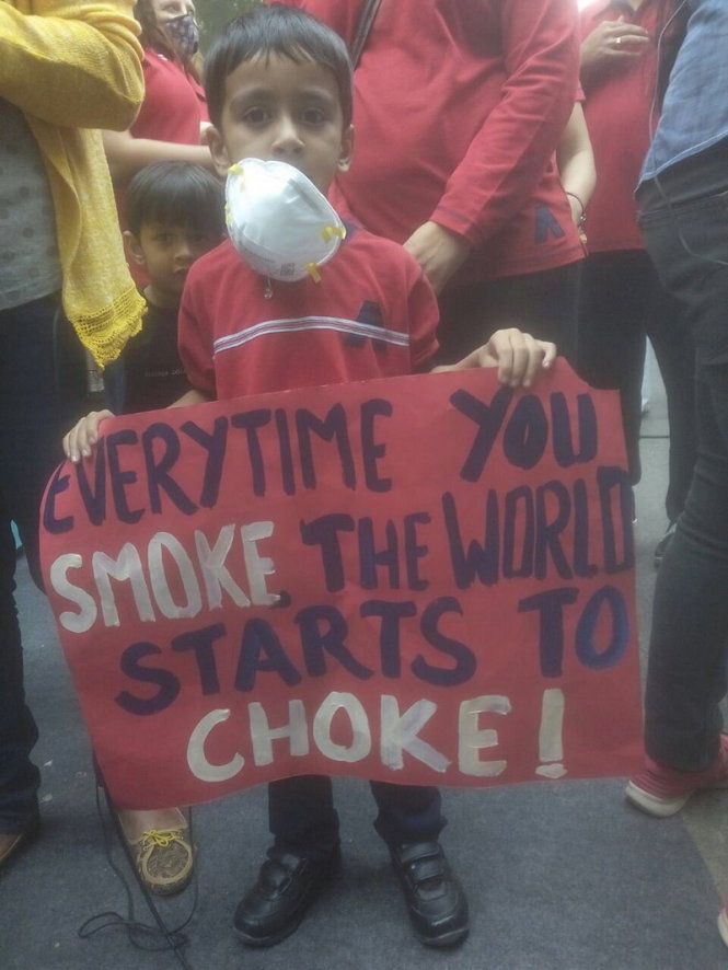 Một bé trai tham gia đoàn người phản đối ô nhiễm - Ảnh: Twitter