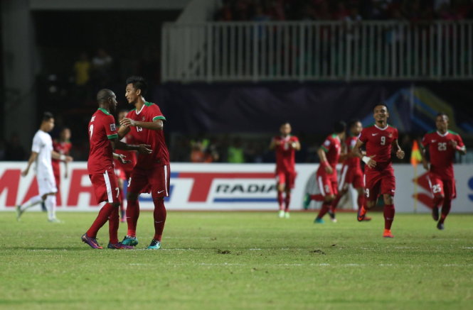 Các cầu thủ indonesia ăn mừng bàn thắng vào lưới VN. Ảnh: N.K