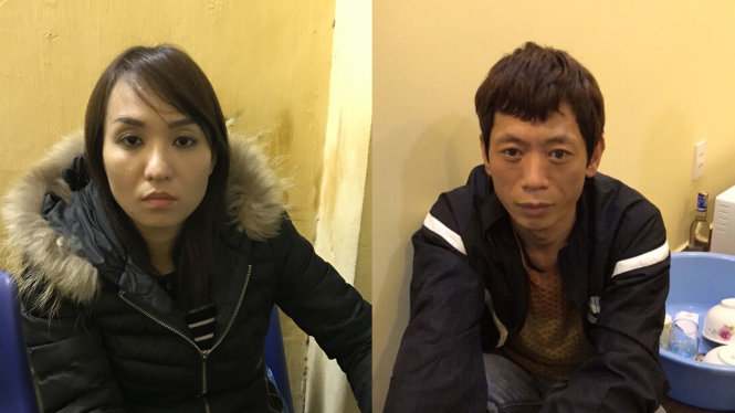 Khúc Thị Minh Trang và Nguyễn Đình Hưng tại cơ quan điều tra sau khi bị bắt quả tang đang sản xuất trái phép chất ma túy - Ảnh: PC47 cung cấp