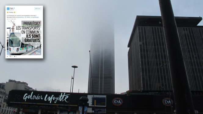 Sương mù phủ kín Paris lúc 11g ngày 10-12. Sương xuống thấp góp phần khiến các thành phần ô nhiễm tụ lại, làm trầm trọng thêm tình hình. Ảnh nhỏ: Chính quyền Ile-de-France khuyến khích người dân sử dụng phương tiện công cộng trong những ngày ô nhiễm - Ảnh: THANH LIÊM
