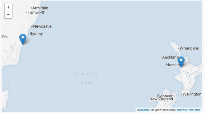Bản đồ với hai điểm đầu, cuối trong hành trình vượt biển Tasman ngoài ý muốn của cha con ông Landon - Ảnh: ABC