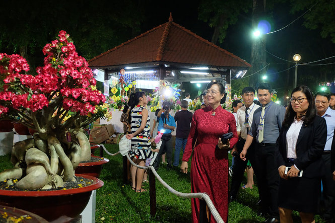 Bà Nguyễn Thị Quyết Tâm - Phó bí thư Thành ủy tham quan hội hoa xuân trong đêm khai mạc - Ảnh: VŨ THỦY