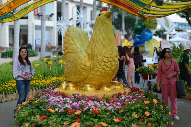 Tiểu cảnh con gà vàng tại hội hoa xuân Phú Mỹ Hưng