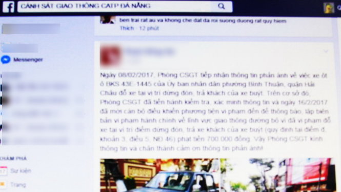 Trang Facebook Cảnh sát giao thông Công an TP Đà Nẵng thông tin về việc xử lý xe Trật tự đô thị của UBND phường đỗ sai quy định - Ảnh: Đoàn Cường