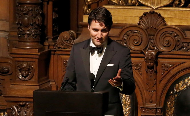 Thủ tướng Canada Justin Trudeau phát biểu tại một buổi tiệc truyền thống ở thành phố Hamburg, Đức - Ảnh: Reuters
