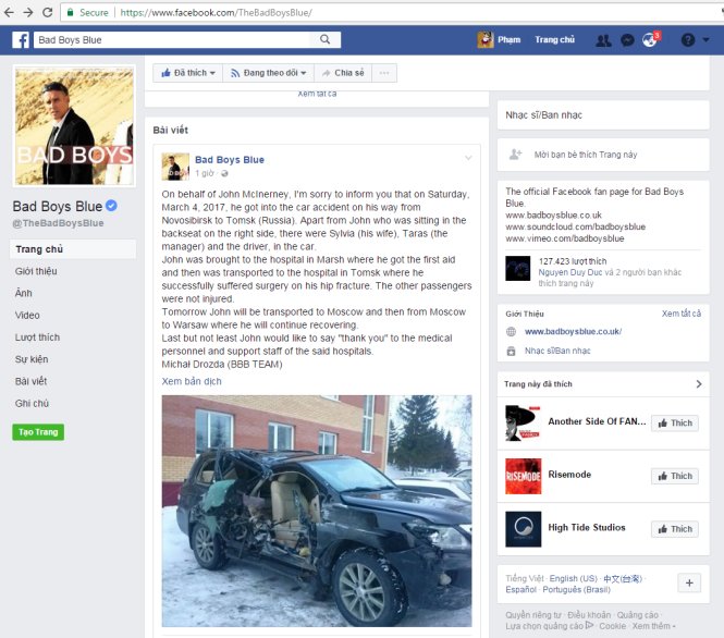 Bad Boys Blue thông báo về vụ tai nạn trên fanpage - Ảnh: FB