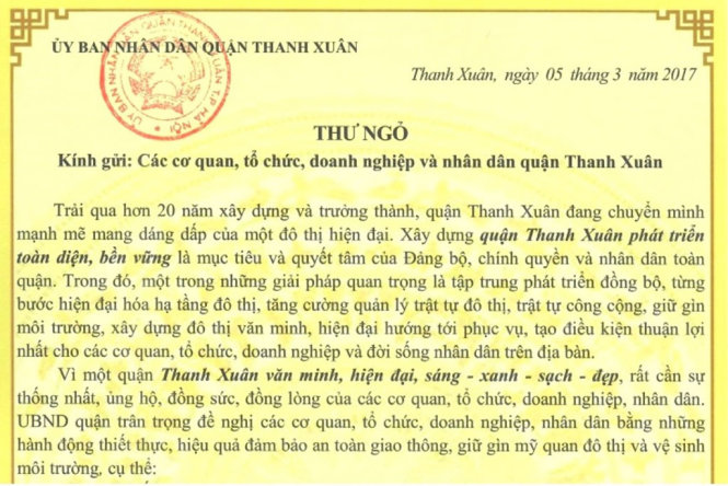 Chủ tịch UBND quận Thanh Xuân, Hà Nôi có thư ngỏ kêu gọi người dân không chiếm dụng lòng đường vỉa hè