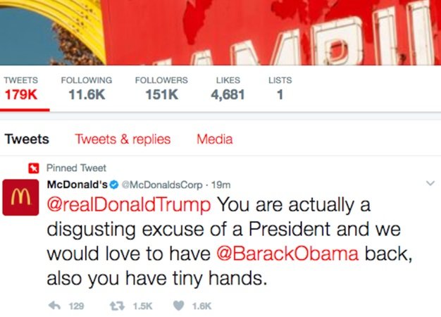 Dòng Tweet chửi xéo tổng thống Donald Trump trên tài khoản Twitter của McDonald - Ảnh: từ Twitter