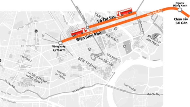 Hai đường Điện Biên Phủ và Võ Thị Sáu sẽ có làn đường dành riêng cho xe buýt - Đồ họa: VĨ CƯỜNG