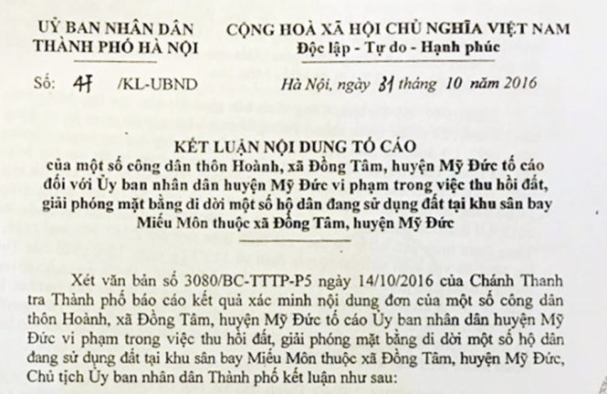 Kết luận của UBND TP Hà Nội ngày 31-10-2016 về nội dung tố cáo của một số hộ dân thôn Hoành