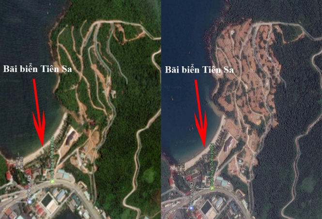 Hình ảnh khu vực phía tây bán đảo Sơn Trà kế bãi biển Tiên Sa bị tàn phá. Ảnh phải chụp màn hình từ Google Map ngày 1-5. Ảnh trái chụp màn hình từ Google Map trước đó.