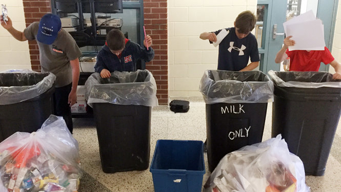 Các học sinh Trường Crookstown (Ontario, Canada) trong một buổi phân loại rác tại trường