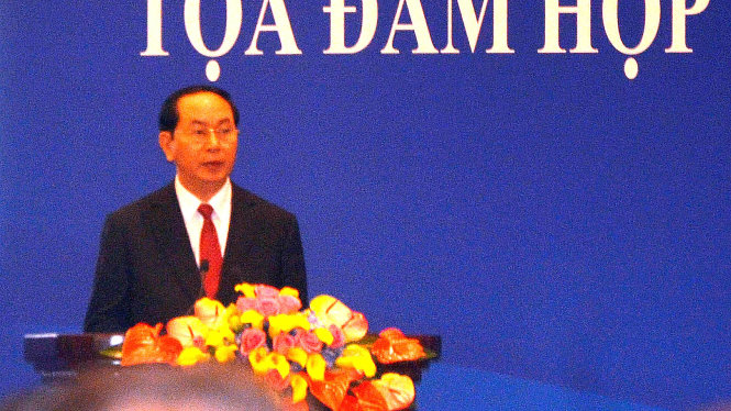 Chủ tịch nước Trần Đại Quang phát biểu tại Tọa đàm hợp tác kinh tế, thương mại Việt Nam – Trung Quốc ở thủ đô Bắc Kinh sáng 12-5 - Ảnh: Quỳnh Trung