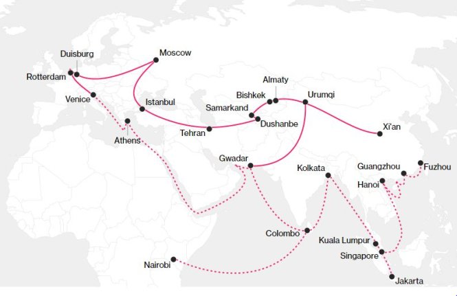 Bản đồ kết nối giao thương trên đất liền và trên biển theo sáng kiến Vành đai - con đường của Trung Quốc.