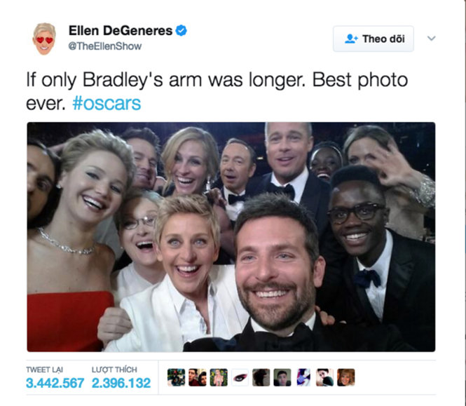 Bức ảnh selfie của Ellen DeGeneres và các ngôi sao nổi tiếng tại lễ trao giải Oscar 2014 - Ảnh chụp màn hình trên Tweeter