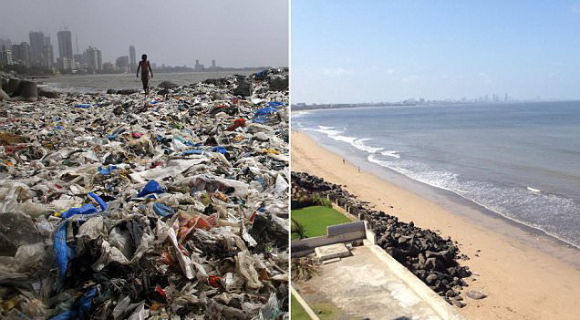 Bãi biển Versova trước và sau khi được dọn sạch