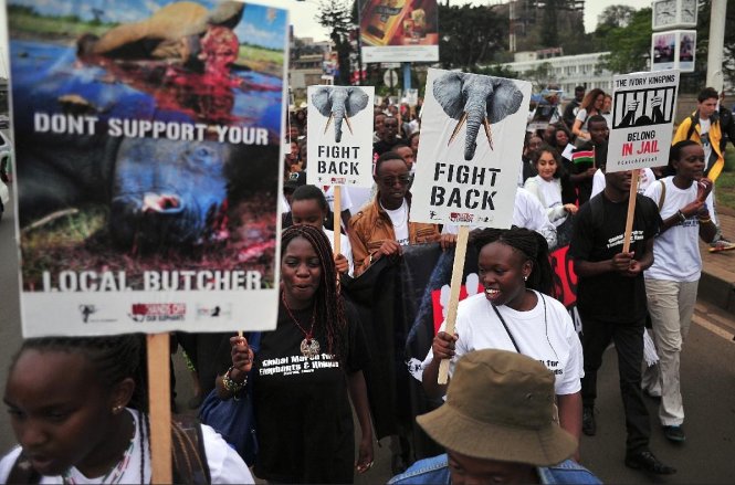 Người dân Kenya xuống đường tuần hành ở thủ đô Nairobi yêu cầu thực thi các biện pháp nghiêm khắc chống nạn buôn lậu ngà voi và sừng 
tê giác - Ảnh: AFP