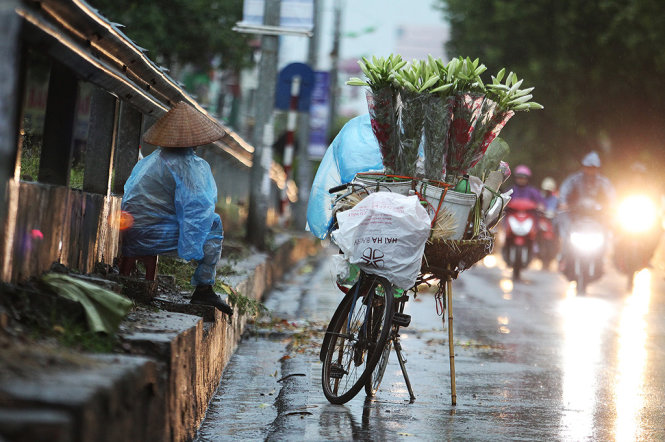 Một người phụ nữ trùm áo mưa bán hoa dạo trên đường Giải Phóng - Ảnh: NGUYỄN KHÁNH