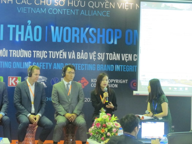 Hồng Ánh phát biểu tại cuộc hội thảo Đẩy mạnh an toàn môi trường trực tuyến và bảo vệ sự toàn vẹn của thương hiệu - Ảnh: H.Lê