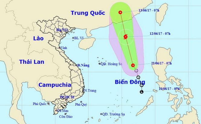 Vị trí và hướng di chuyển của áp thấp nhiệt đới lúc 7g ngày 11-6 - Nguồn: Trung tâm Khí tượng thủy văn Trung ương