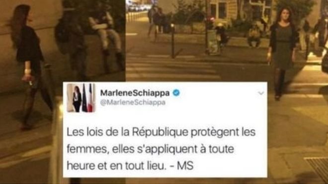 Hình ảnh bà Schiappa đi bộ ở khu La Chapelle-Pajol và thông điệp bảo vệ phụ nữ trên tài khoản Twitter của bà - Ảnh: từ Twitter
