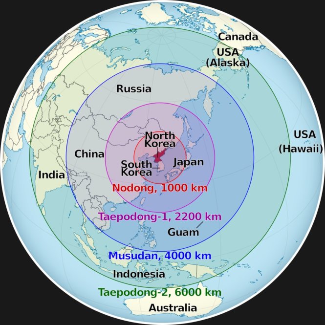 Tầm bắn của các loại tên lửa Triều Tiên có thể đến Alaska (Mỹ) - Ảnh: Global Security