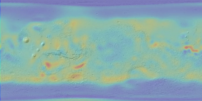 Những vệt sẫm màu là những vùng giàu nước tiềm tàng trên sao Hỏa, trong đó có vùng xích đạo - Ảnh: J.T. Wilson