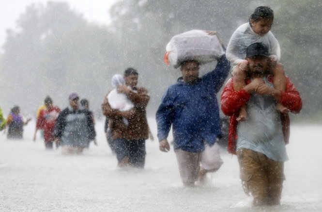 Dòng người lội nước đi di tản trong mưa bão ở Beaumont Place, Texas ngày 28-8 - Ảnh: REUTERS