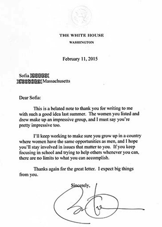 Thư riêng của Tổng thống Mỹ Barack Obama gửi đến cô bé Sofia
