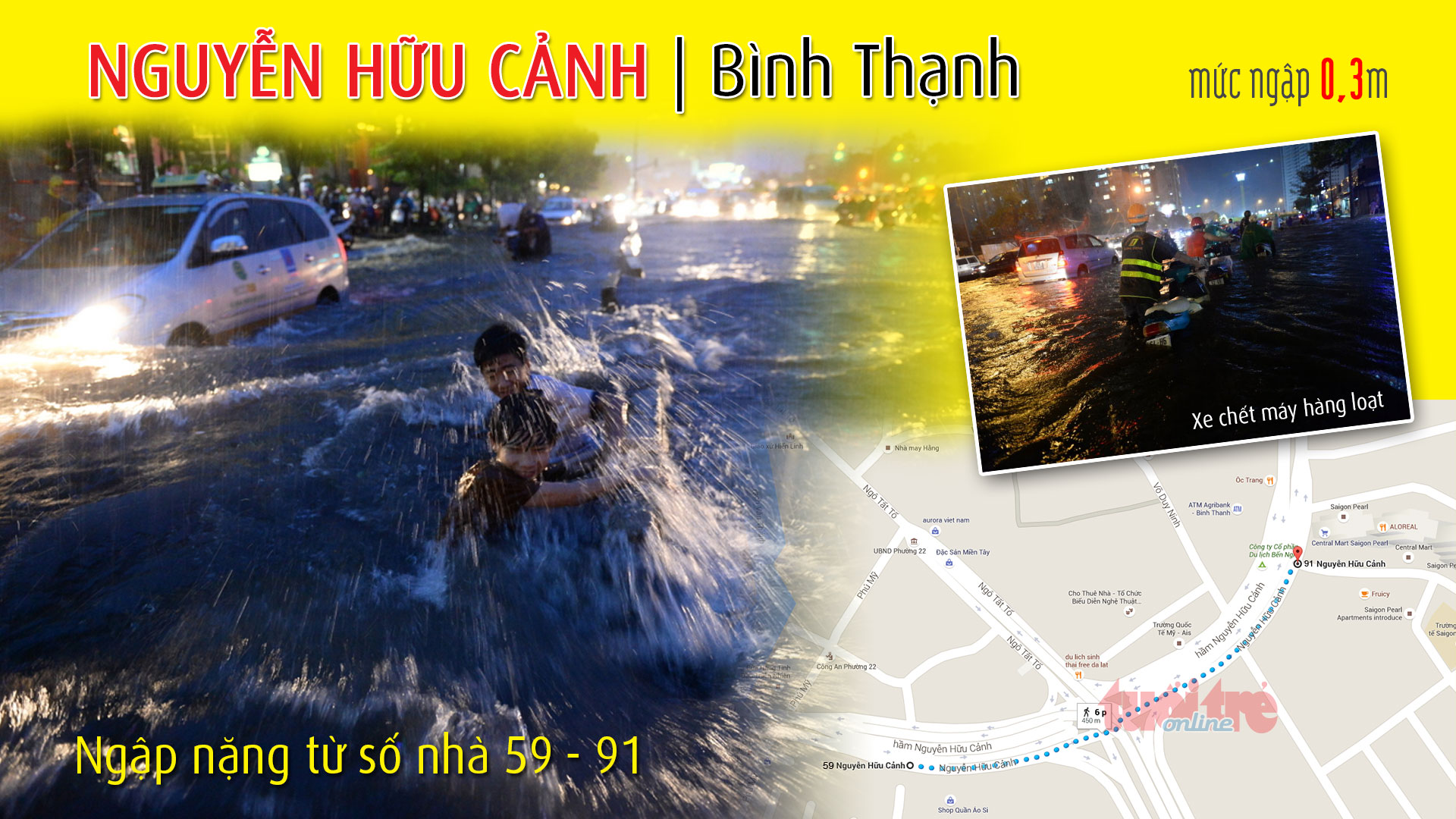 Điểm ngập ở đường Nguyễn Hữu Cảnh (Bình Thạnh), thuộc 1 trong 66 điểm ngập ở TP.HCM trong cơn mưa chiều 15-9-2015 - Đồ họa: Việt Anh - T.Thiên