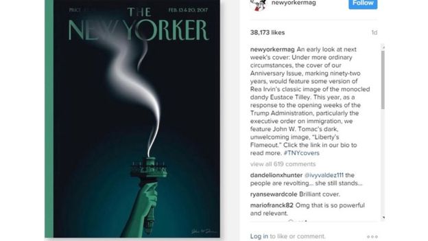 Báo New Yorker, tờ báo ủng hộ bà Hillary Clinton, với tấm hình ngọn đuốc của Nữ thần tự do bị tắt