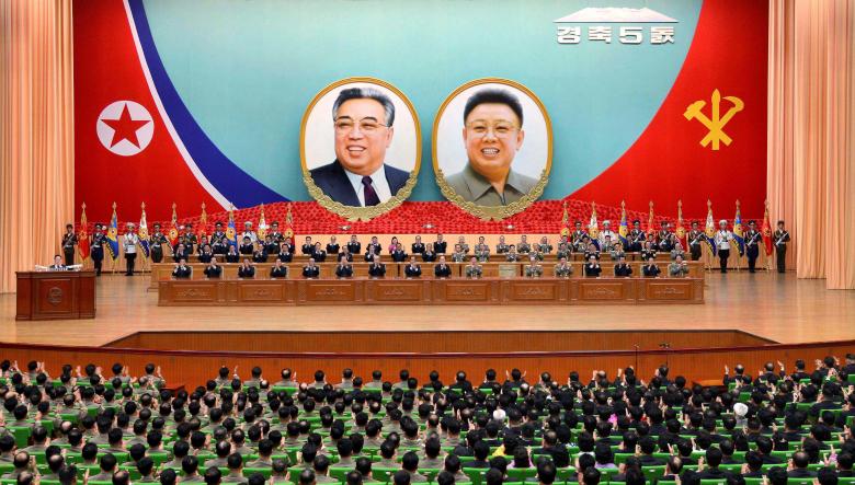 Bối cảnh được cho chụp tại kỳ họp quốc gia đánh dấu 5 năm cầm quyền của lãnh đạo Triều Tiên Kim Jong Un ở Bình Nhưỡng, được hãng thông tấn KCNA đưa ra hôm 12-4 - Ảnh: Reuters