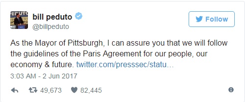Thị trưởng Bill Peduto của thành phố Pittsburgh bỗng nổi tiếng sau khi tuyên bố cam kết với biến đổi khí hậu, chống lại quyết định của Tổng thống - Ảnh: Twitter