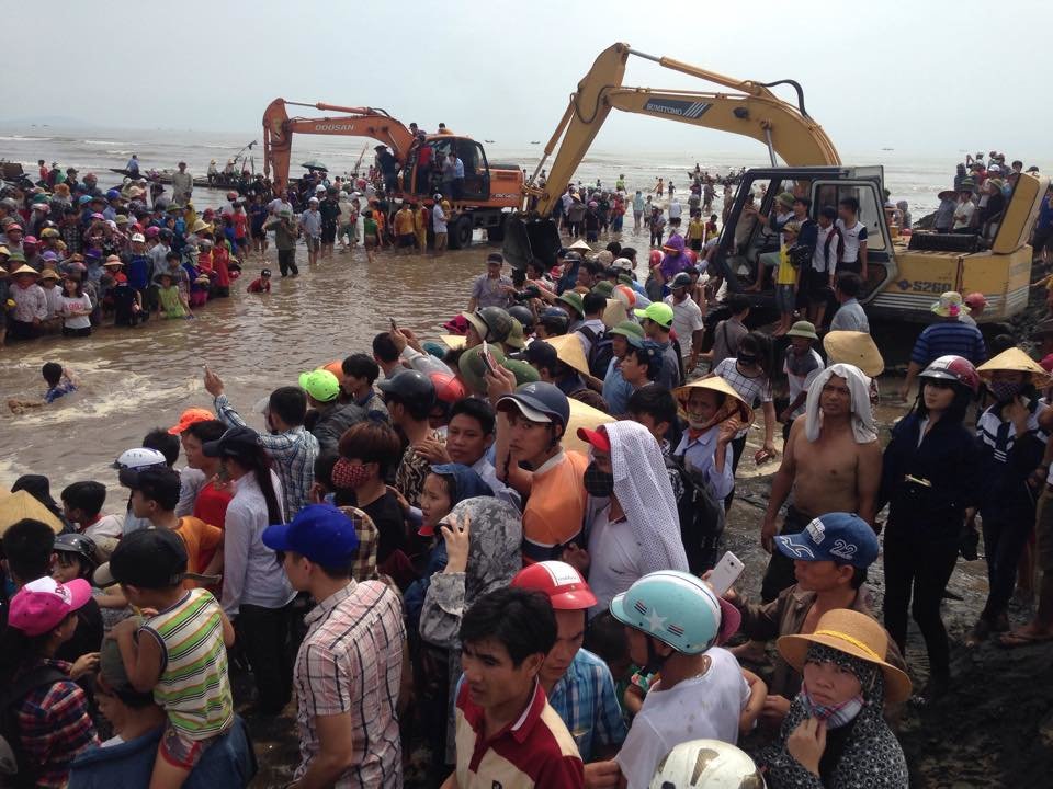 Hàng trăm người dân theo dõi cuộc giải cứu cá voi - Ảnh: Doãn Hòa