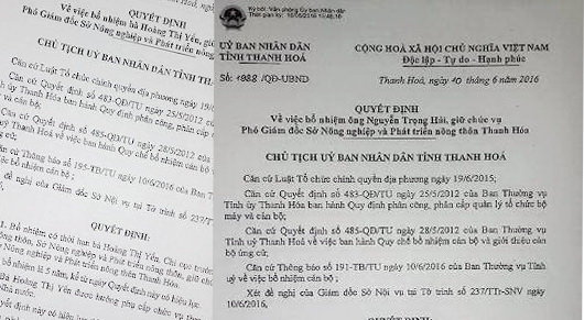 Hai quyết định bổ nhiệm phó giám đốc Sở NN&PTNN Thanh Hóa - Ảnh: Hà Đồng