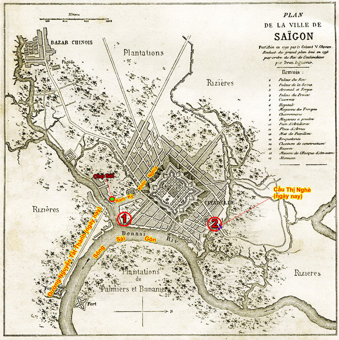 Các vị trí có thể là khu vực Chợ Bến Thành cũ trên bản đồ Sài Gòn những năm 1790 - 1880 - Đồ họa: T.Thiên