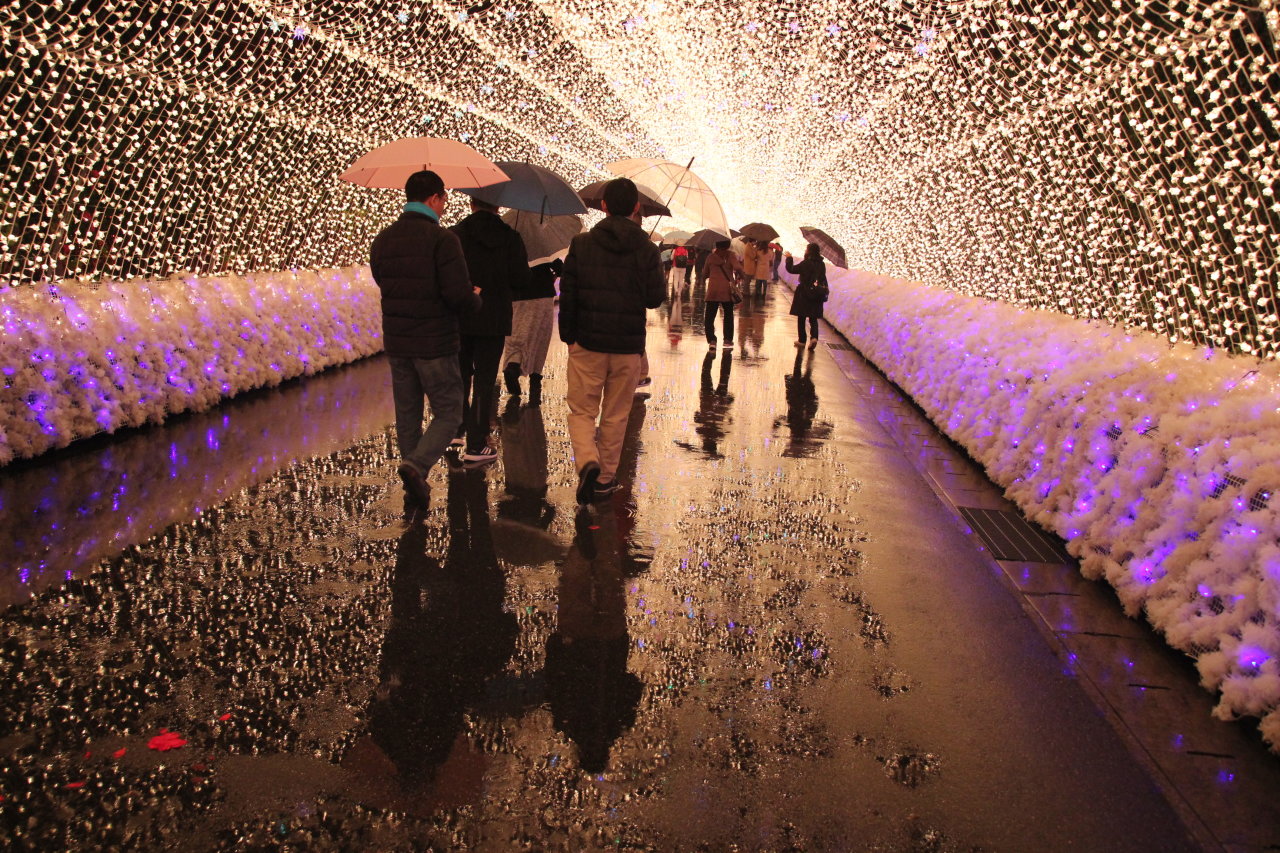 Du khách thích thú với khung cảnh rực rỡ của Công viên ánh sáng Công viên Nabana no Sato tại tỉnh Mie (Nhật Bản). Ảnh Lê Sơn