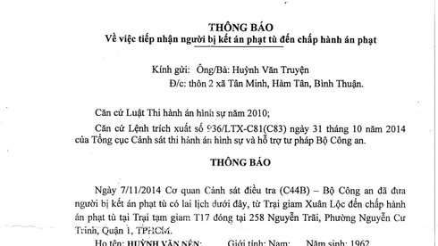Thông báo của Trại giam T17 được ông Huỳnh Văn Truyện nhận vào trưa 27-11