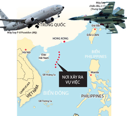 Khu vực không phận biển Đông - nơi máy bay Trung Quốc chặn đường máy bay Mỹ - Nguồn: The Washington Post - Đồ họa: Nh.Khanh