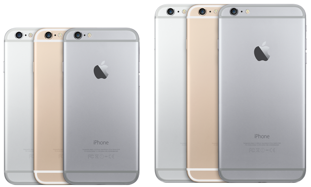 iPhone 6 (trái) và iPhone 6 Plus đều có ba màu: vàng, xám không gian và bạc - Ảnh: Apple