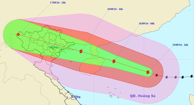Vị trí và hướng di chuyển của Bão số 3 lúc 17g ngày 15-9 - Nguồn: Trung tâm Khí tượng Thủy văn Trung ương