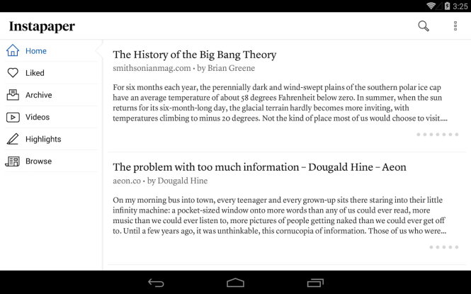 Phần quản lý các bản lưu và đọc lại trong Instapaper - Ảnh: Google Play