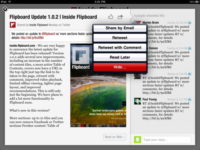 Instapaper tích hợp trong ứng dụng đọc tin Flipboard, giúp người dùng đọc lại tin sau mà không cần Internet (Read Later) - Ảnh: Flipboard