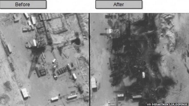 Nhà máy lọc dầu Gbiebe Modular ở Syria trước và sau các đợt không kích - Ảnh: Bộ Quốc phòng Mỹ