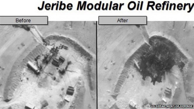 Nhà máy lọc dầu Jeribe Modular trước và sau các đợt không kích - Ảnh: Bộ Quốc phòng Mỹ