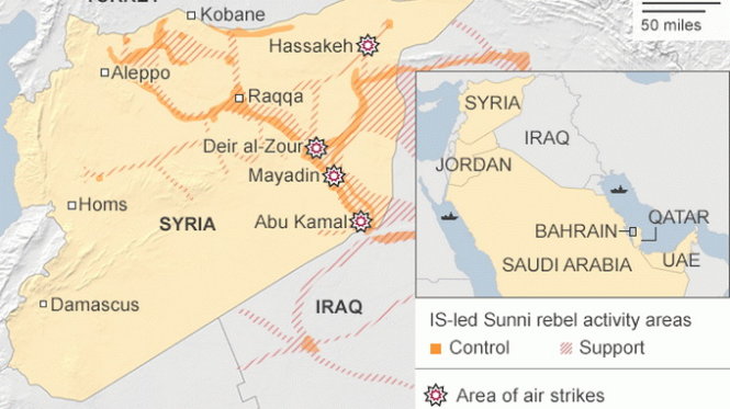 Các điểm ở Syria bị không kích đêm 24 và 25-9 - Ảnh: Bộ Chỉ huy trung ương Mỹ