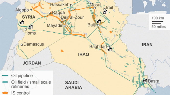 Sơ đồ các mỏ dầu và đường ống dẫn dầu ở Syria. Màu cam là các cơ sở mà IS kiểm soát - Ảnh: Financial Times